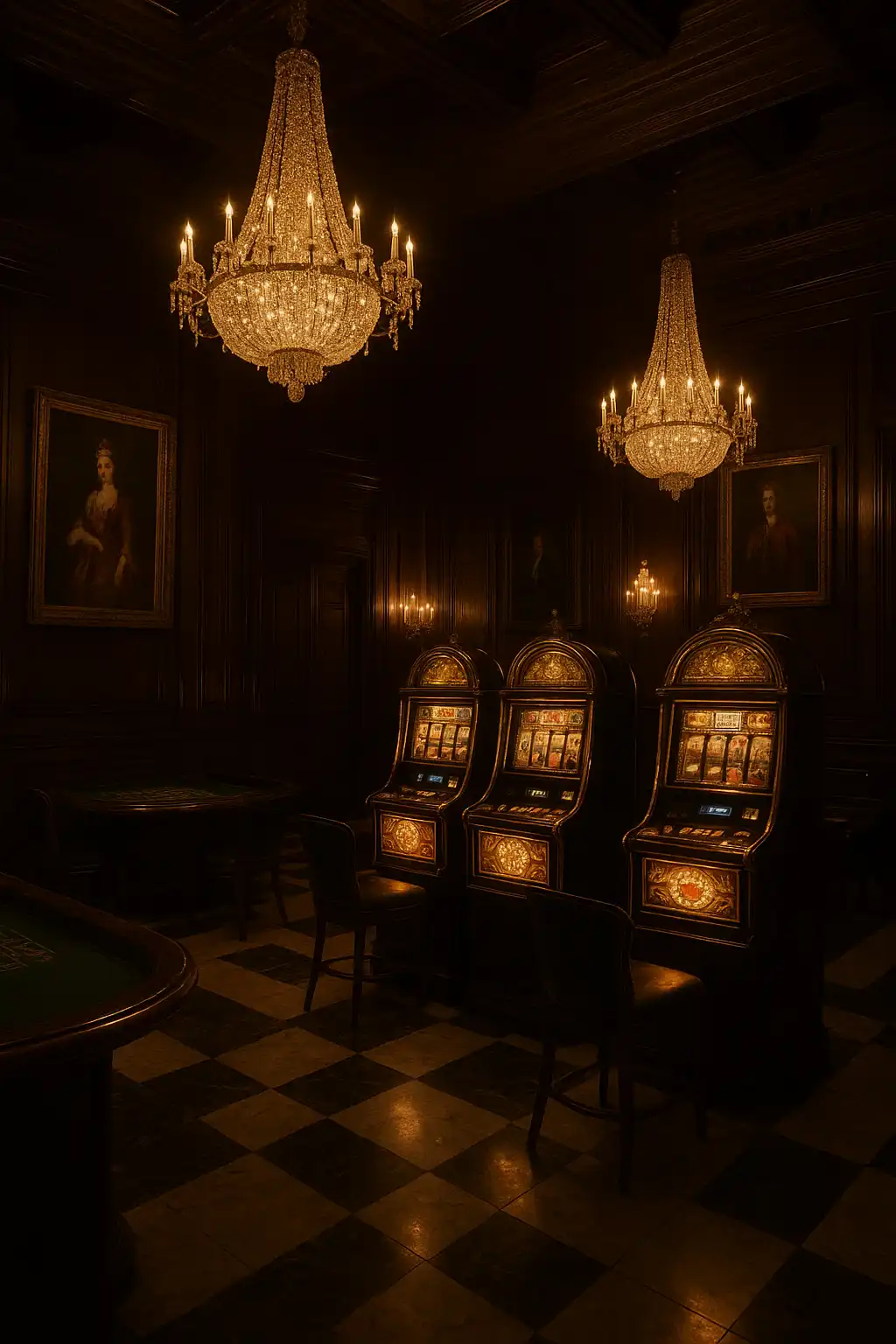 Grand manor hall with chandeliers, oak panels and elegant slot machines at RoyalRook Casino