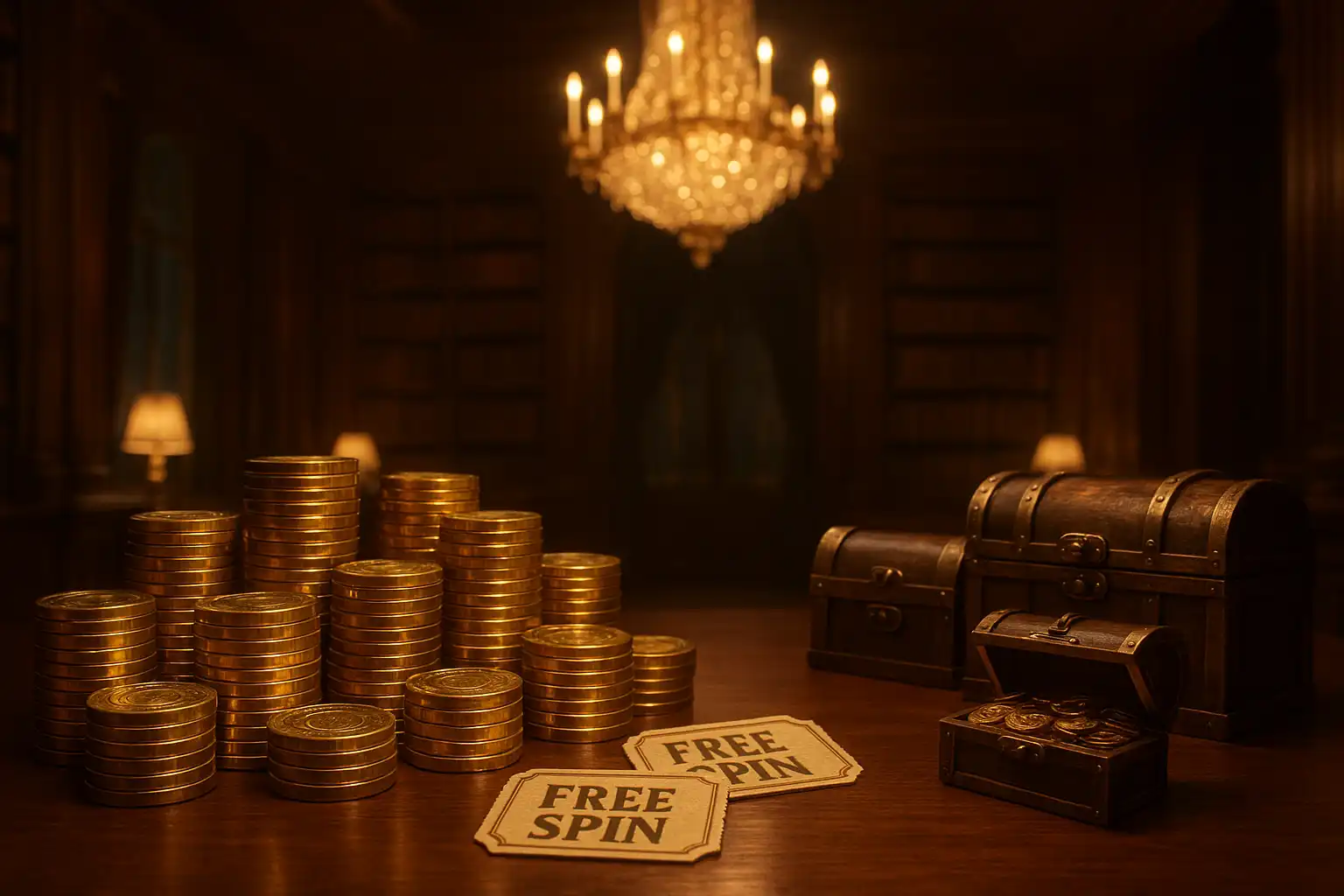 Manor drawing room stacked with gold bonus chips and free spin tickets