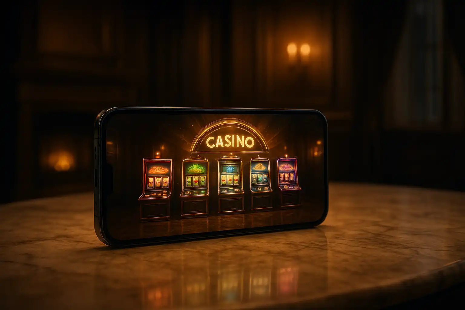 Smartphone displaying the RoyalRook casino lobby with slot reels inside a manor setting