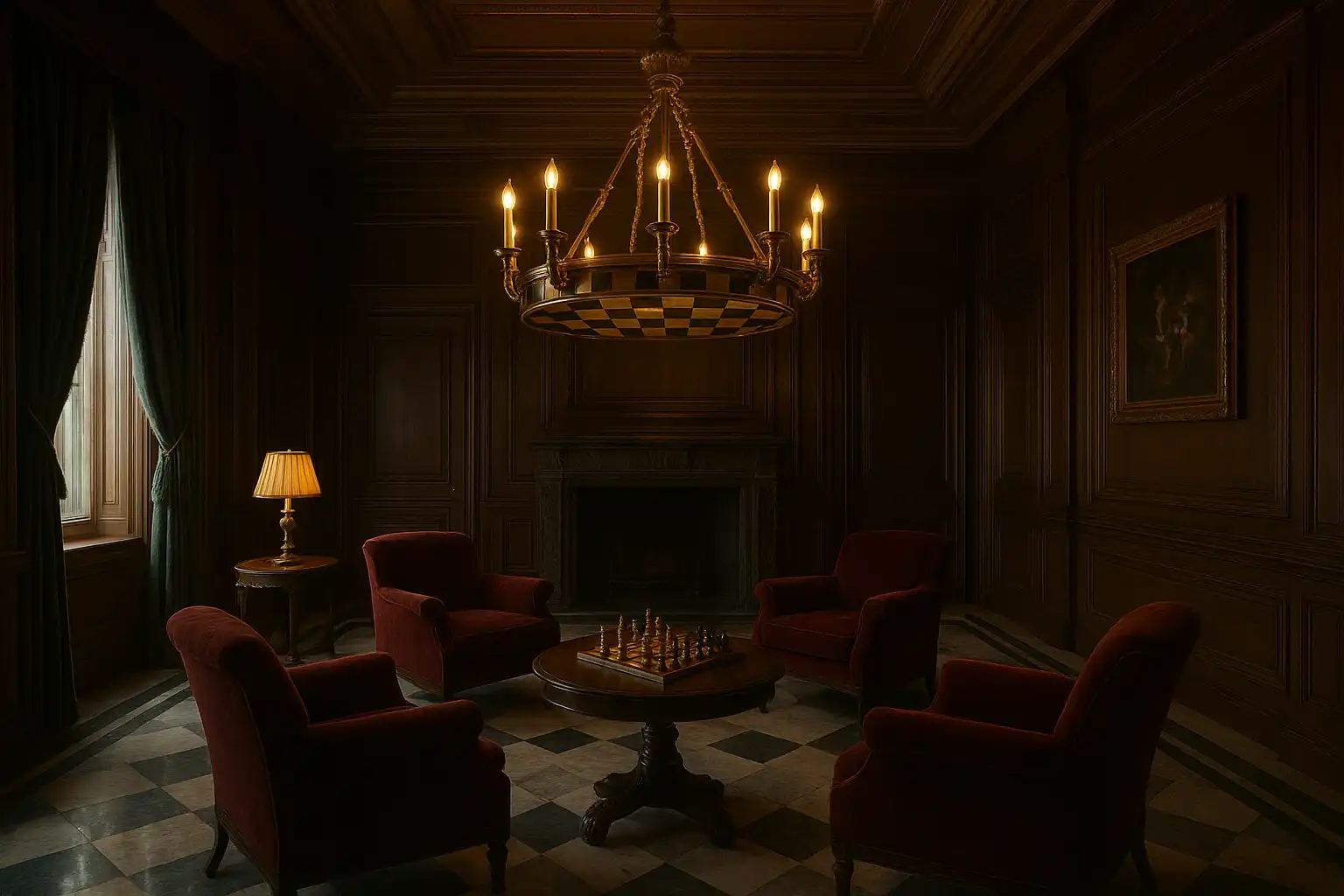 Ornate manor drawing room reserved for VIP Club members with a chess-inspired chandelier