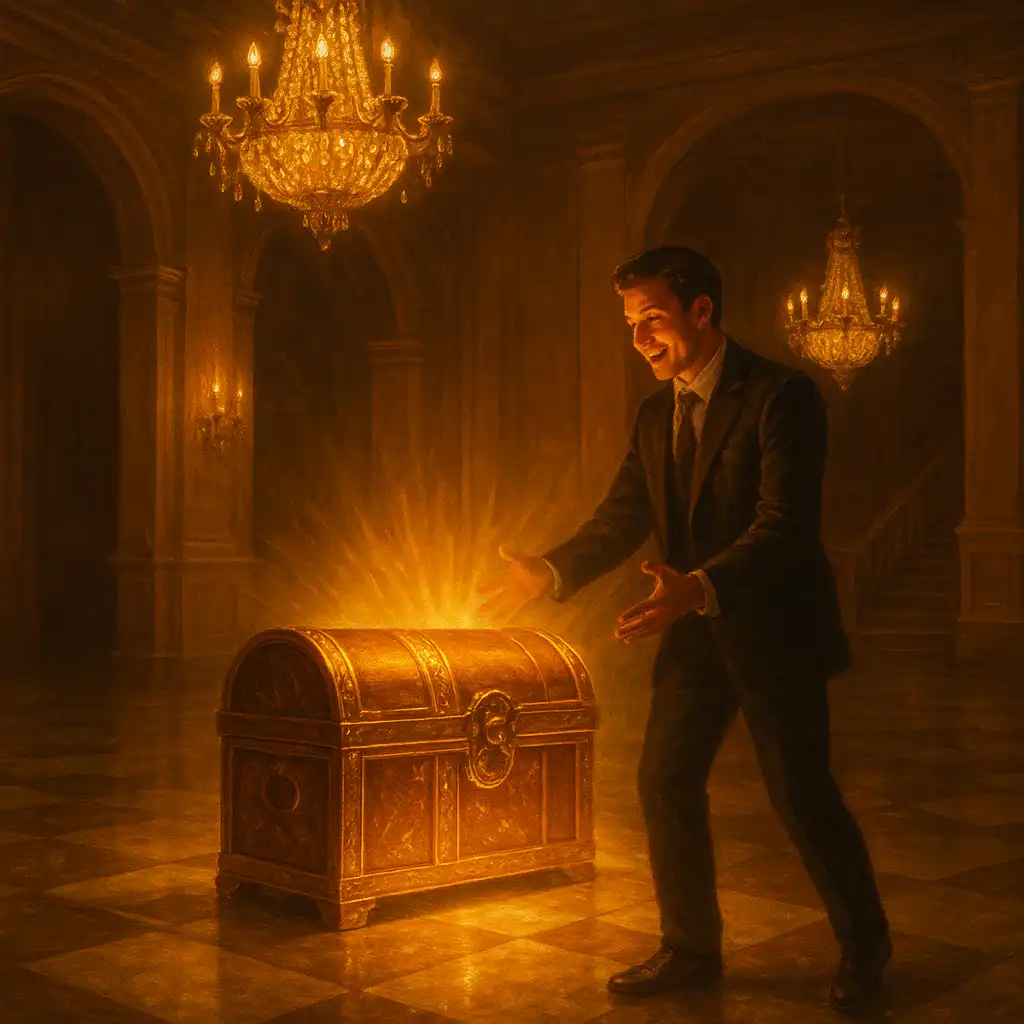 Illustration of a guest receiving a bonus chest in the manor hall