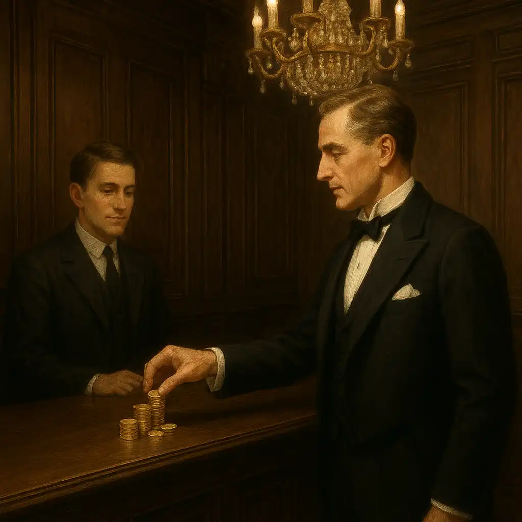 Illustration of a guest depositing coins at a manor teller counter