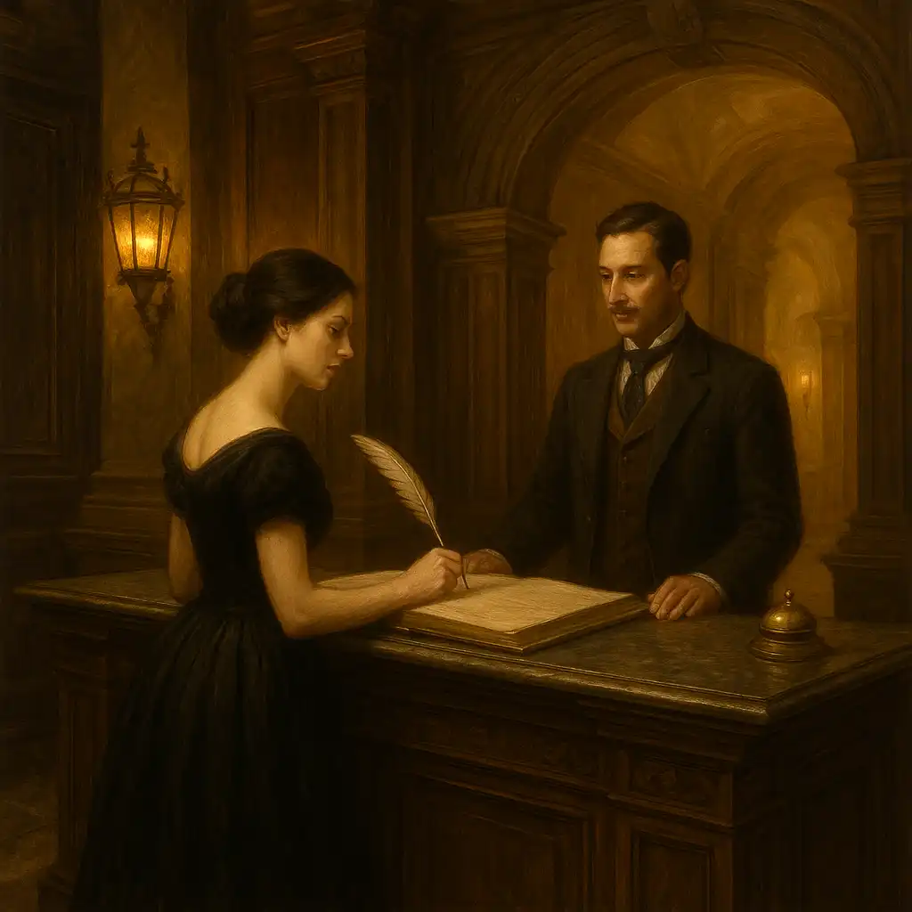 Illustration of a guest registering an account at a manor gate desk